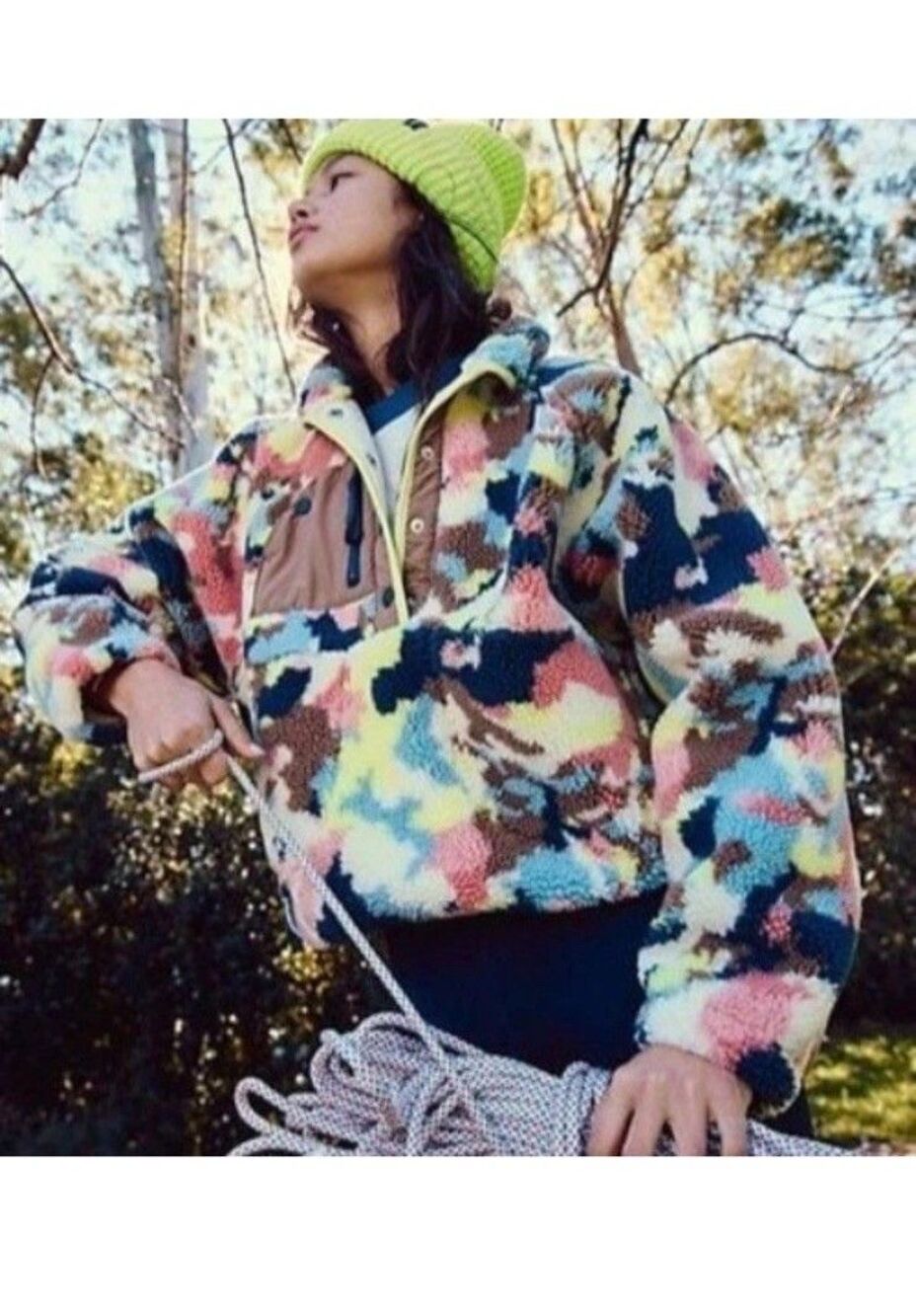 Free People Hit The Slopes Fleece Pullover Jacket Womens Sz XS Camo Boho NWT